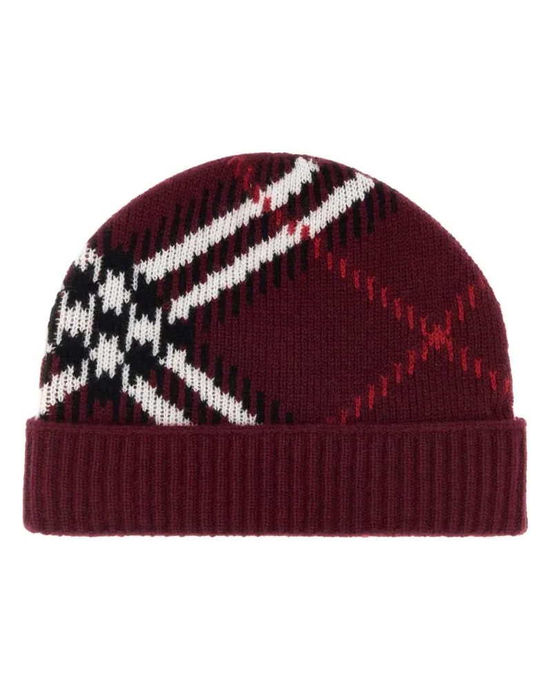 Burberry 8132889 Check-Patterned Cashmere Beanie — Red Red