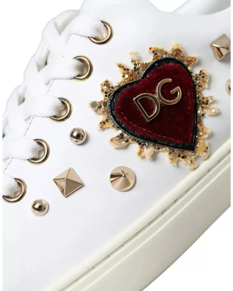 Dolce & Gabbana Women's White Leather Gold Red Heart Sneakers Shoes Calf White