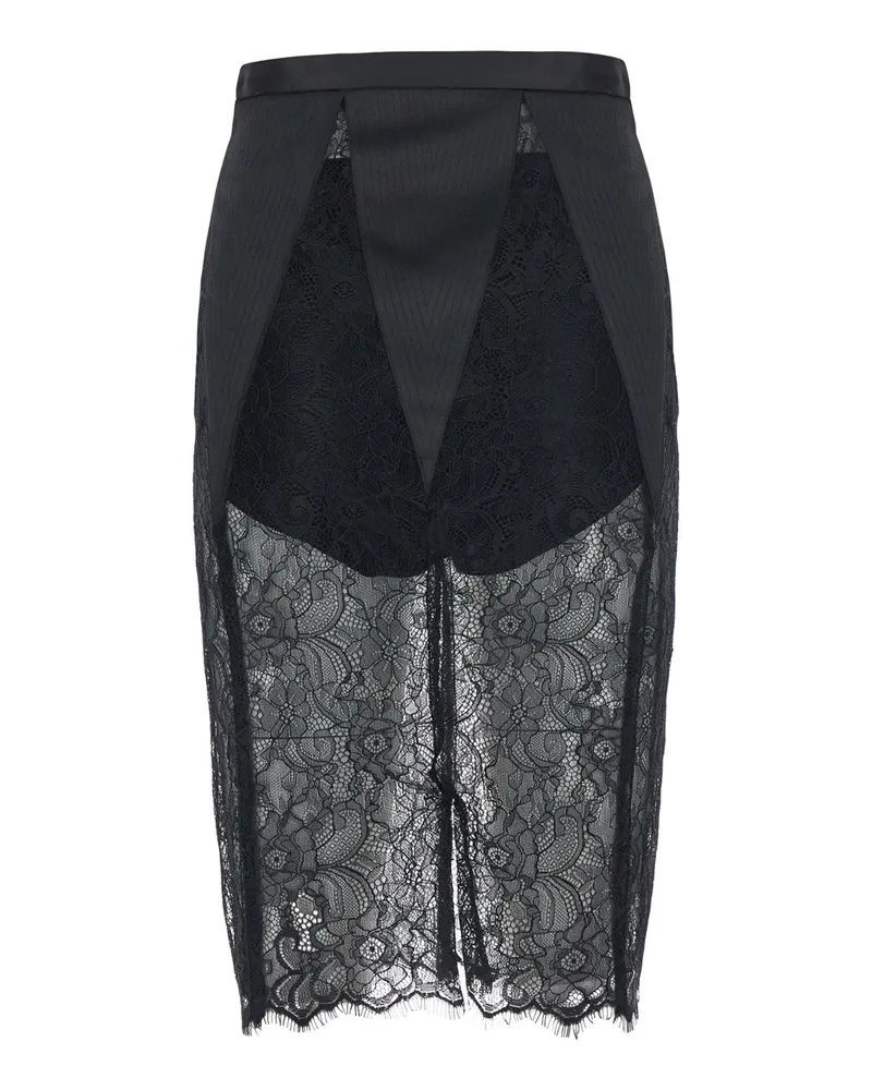 Elisabetta Franchi Lace-Paneled Technical Fabric Pencil Skirt — Black Black