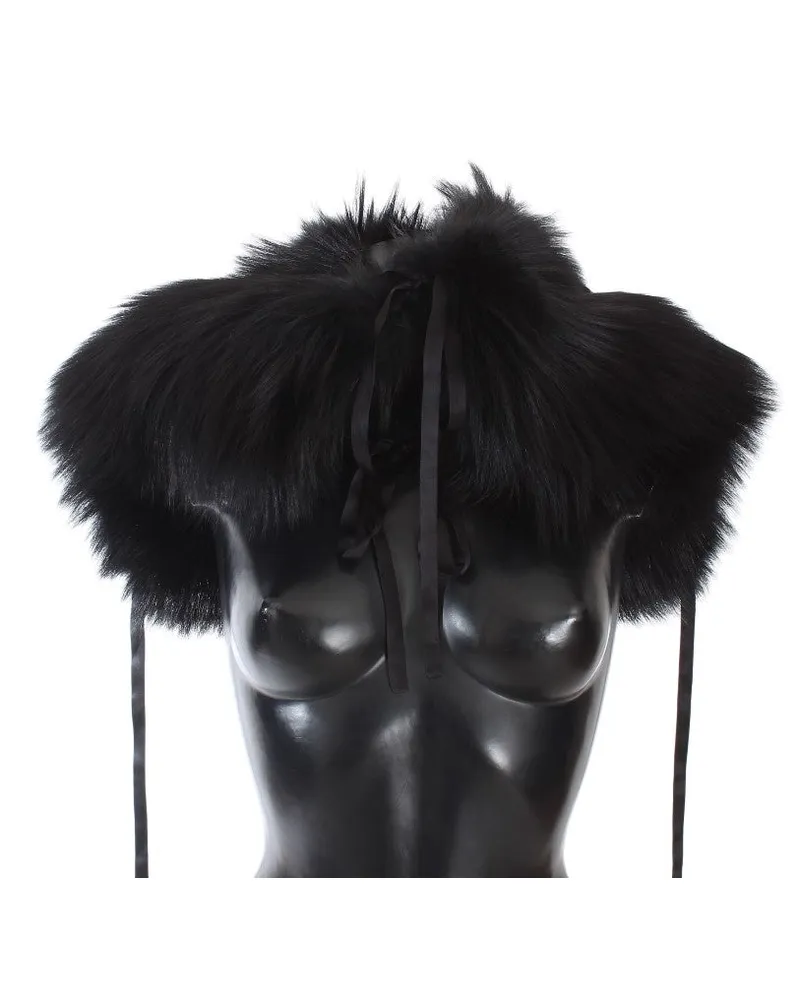 Dolce & Gabbana Women Black Fox Fur Shoulder Wrap Cover Collar Scarf Argentata Black