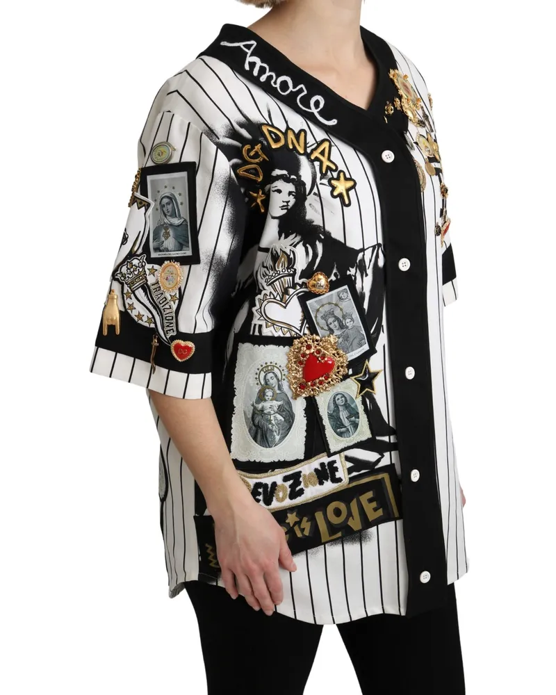 Dolce & Gabbana Women White And Black Blouse Cotton Crystal Charms Amore Shirt White