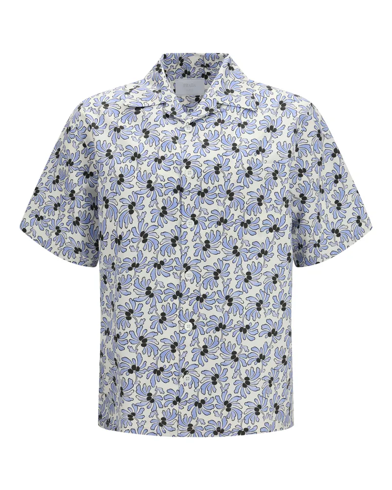 Prada Men's Cotton Shirt With Floral Print Avorio+celeste Cotton; Silk White
