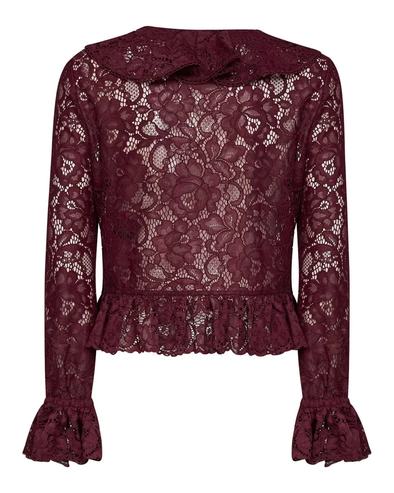 Self-Portrait Women's Top Ruffled Lace Burgundy Polyester Cardigans Sweater Burgundy