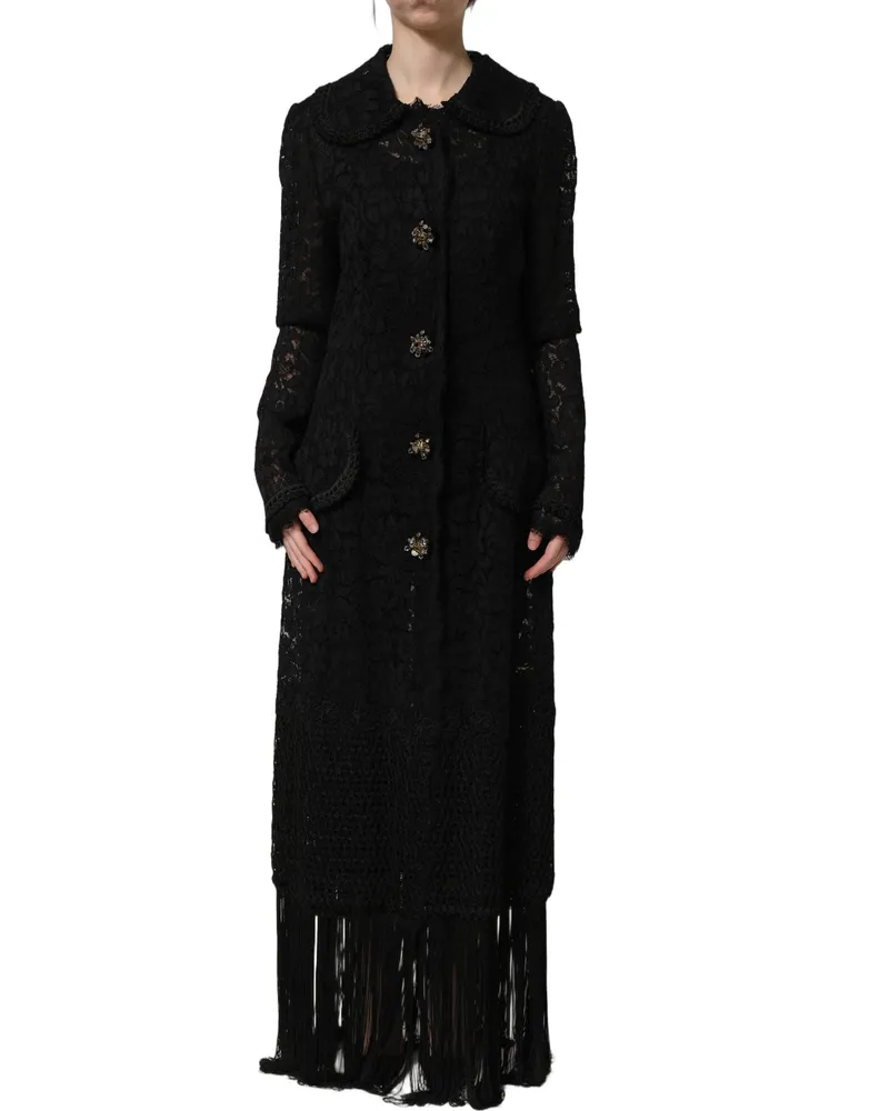 Dolce & Gabbana Women Black Embellished Guipure Lace Coat Jacket External Nylon Cotton Viscose Clothing Black
