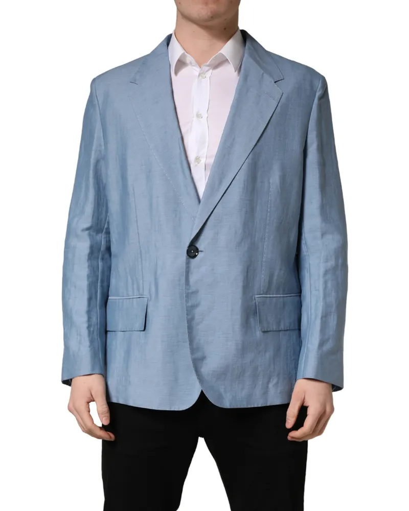 Dolce & Gabbana Light Blue Single Breasted Men Jacket Blazer Linen Nylon Clothing Blue