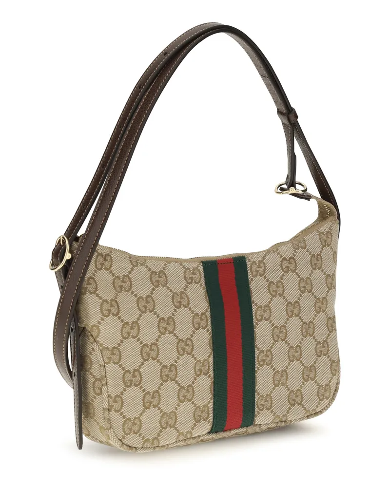 Gucci Men's Shoulder Bag Lunetta Leather Trim Vintage Sand-Dark Brown-Vrv Fabric Sand/dark Brown/vrv Beige