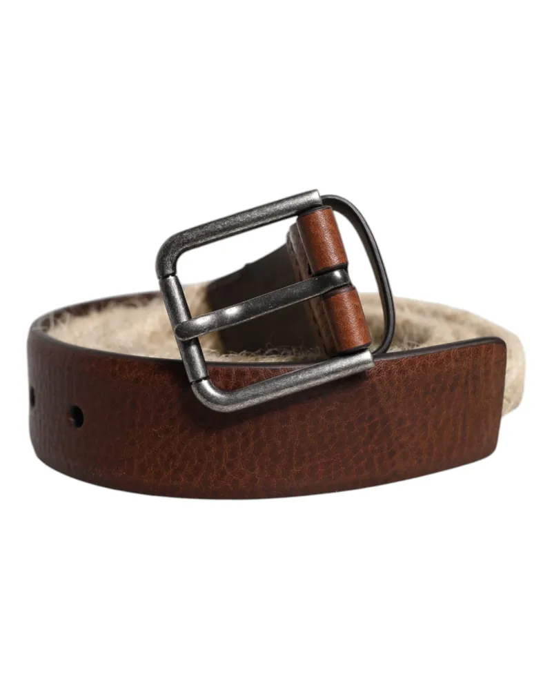 Dolce & Gabbana Men's Brown Jute Leather Woven Metal Buckle Belt Calf Brown