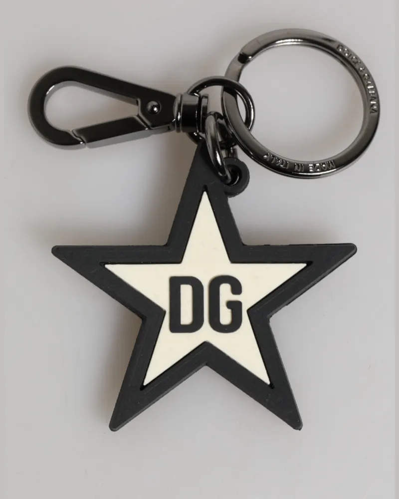Dolce & Gabbana White Black Dg Logo Star Rubber Mens Keychain Keyring And Pvc Zamak Steel Real Brass Accessory Black