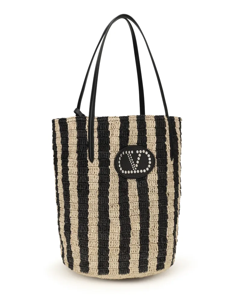 Valentino Garavani Women's Striped Raffia Bucket Bag Naturale-Nero Naturale/nero Black