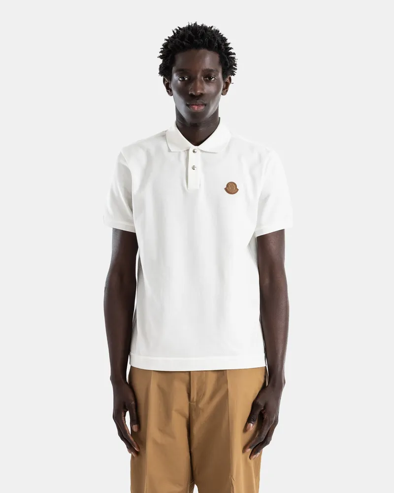 Moncler Men Ivory White Cotton Piqué Polo Shirt With Leather Logo Patch T-Shirts And Polos White