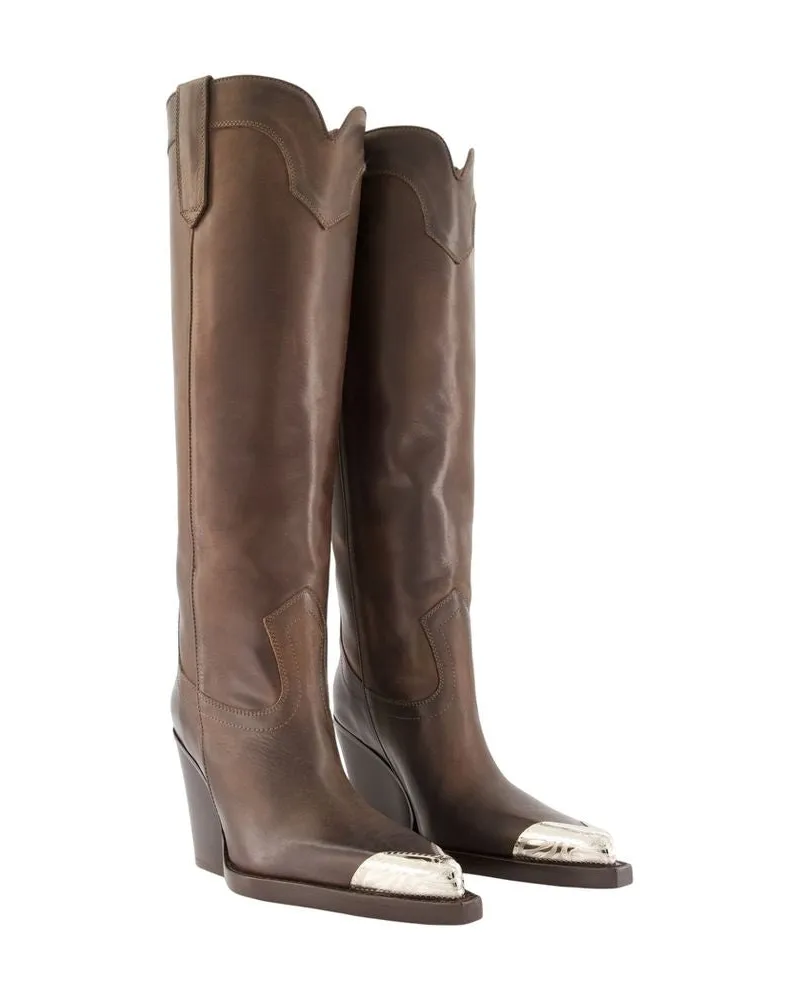 Paris Texas Women's El Dorado Embellished Toe Boots -  Leather Brown Calfskin Shoes Brown