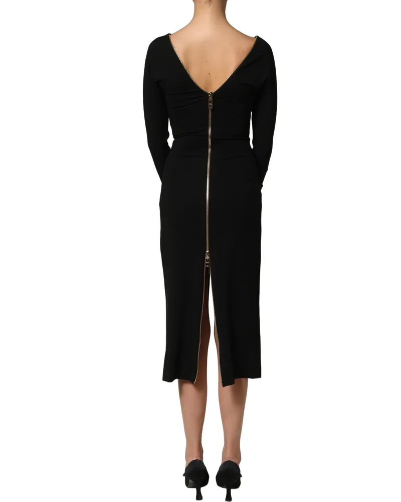 Dolce & Gabbana Women's Black Long Sleeves Front Zipper Midi Dress Viscose Nylon Elastane Black