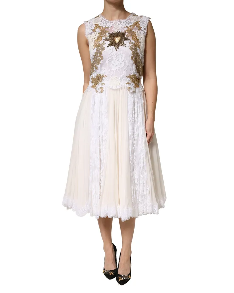Dolce & Gabbana Women's Ivory Lace Silk Embellished Sleeveless Dress Off White Cotton White