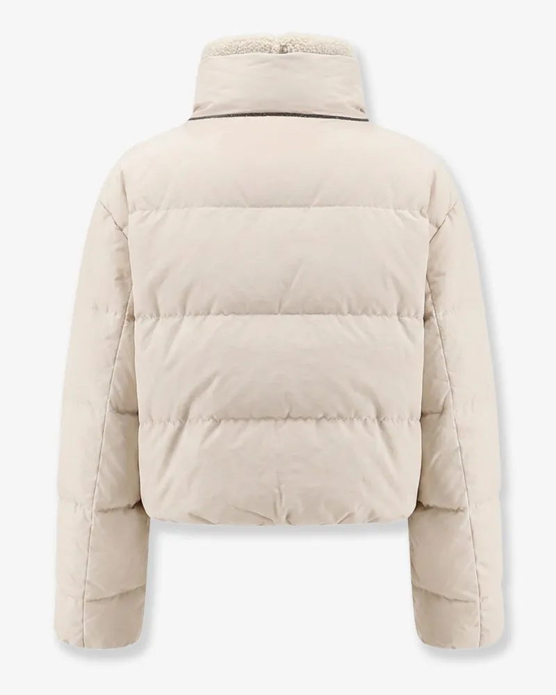 Brunello Cucinelli Women's Down Jacket With Shearling Collar, Beige Cotton Beige