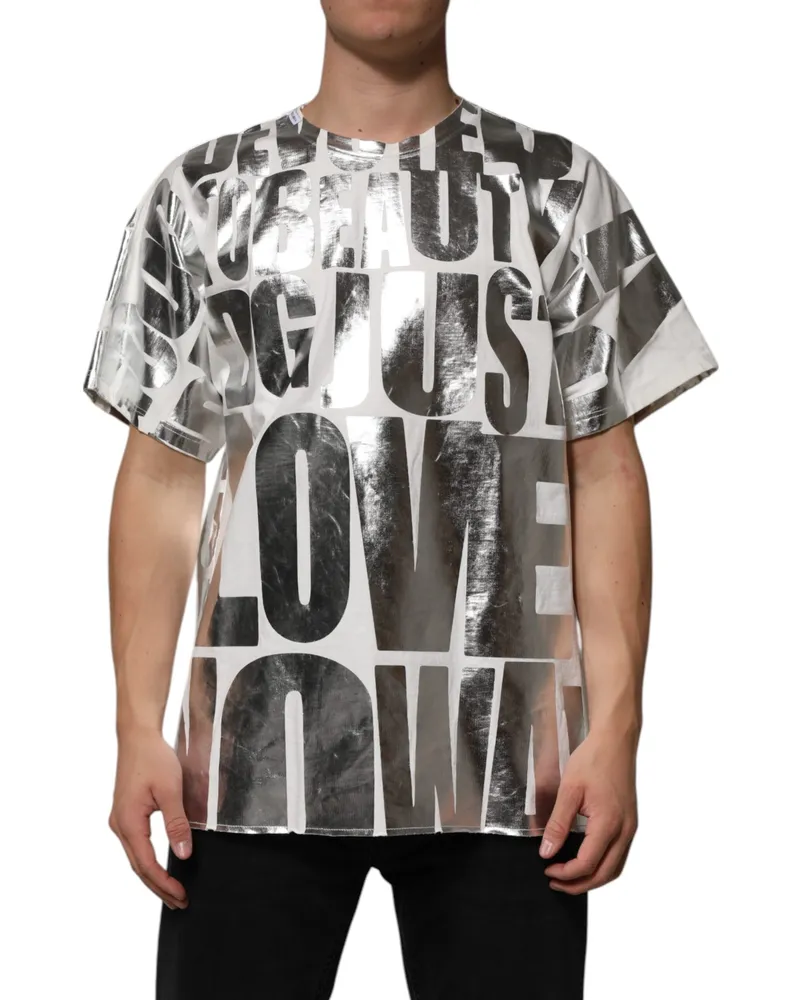 Dolce & Gabbana Men's White Cotton Silver Metallic Slogan Print T-Shirt White
