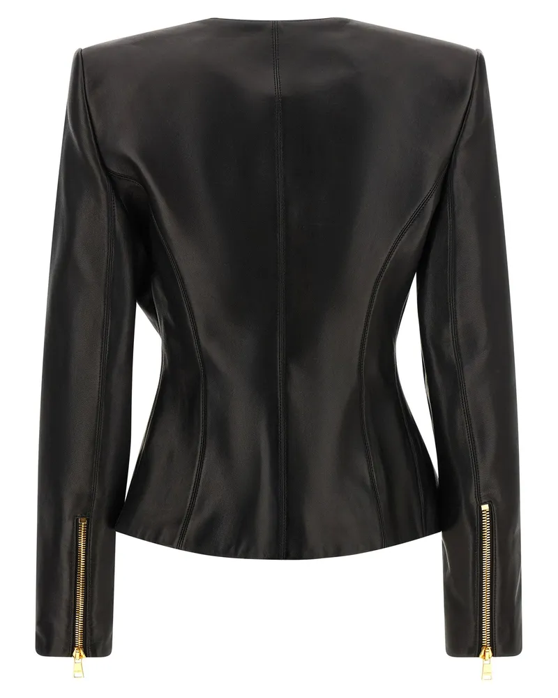 Balmain Gold-Zip Sculptural Lambskin Jacket — Black Black