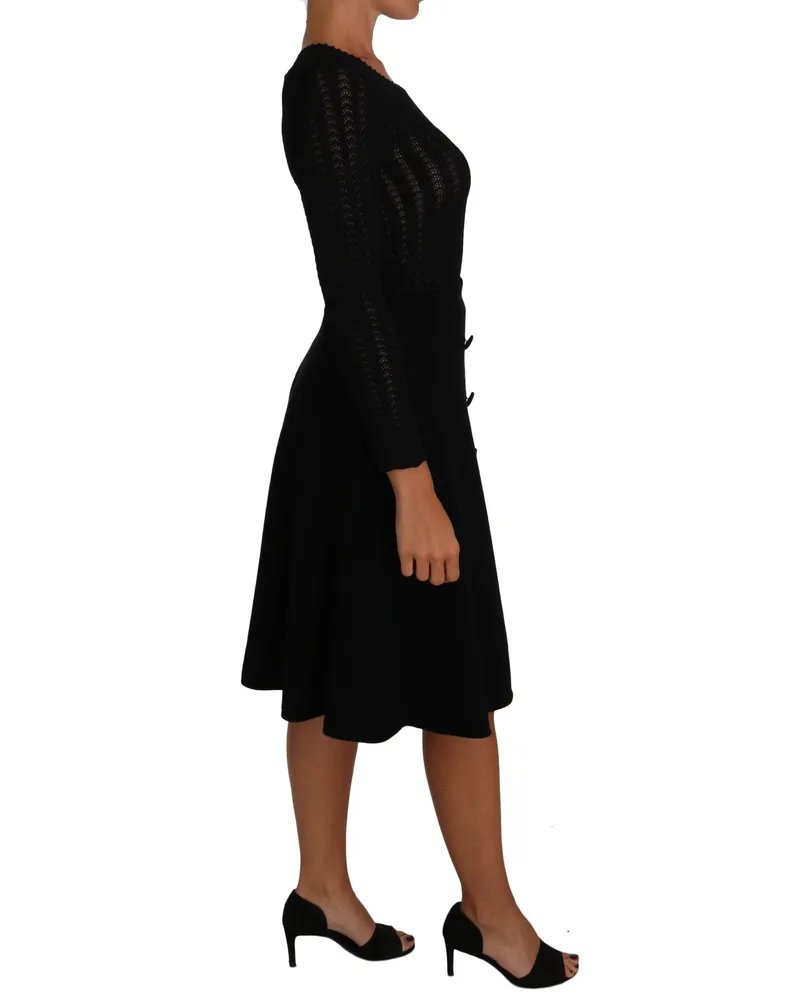 Dolce & Gabbana Women Black Knitted Wool Sheath Long Sleeves Dress Black