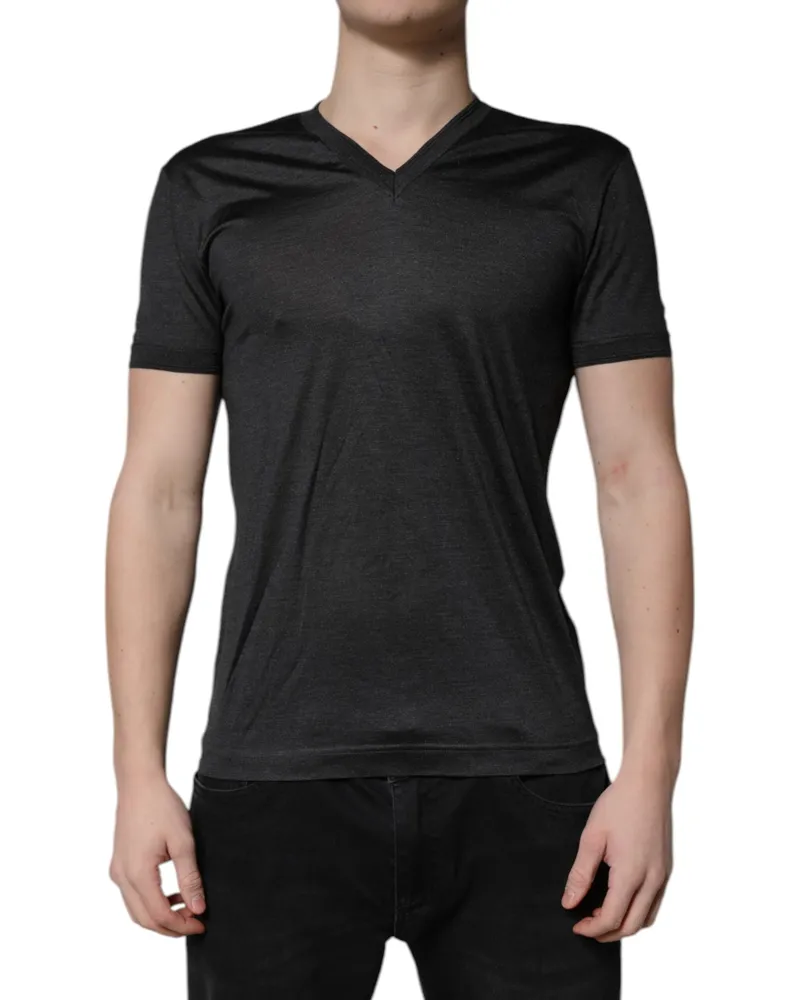 Dolce & Gabbana Men Dark Gray Silk V-Neck Short Sleeves T-Shirt Gray
