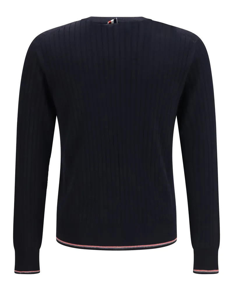 Thom Browne Ribbed Crewneck with Signature 4-Bar Stripe Sweater — Navy 