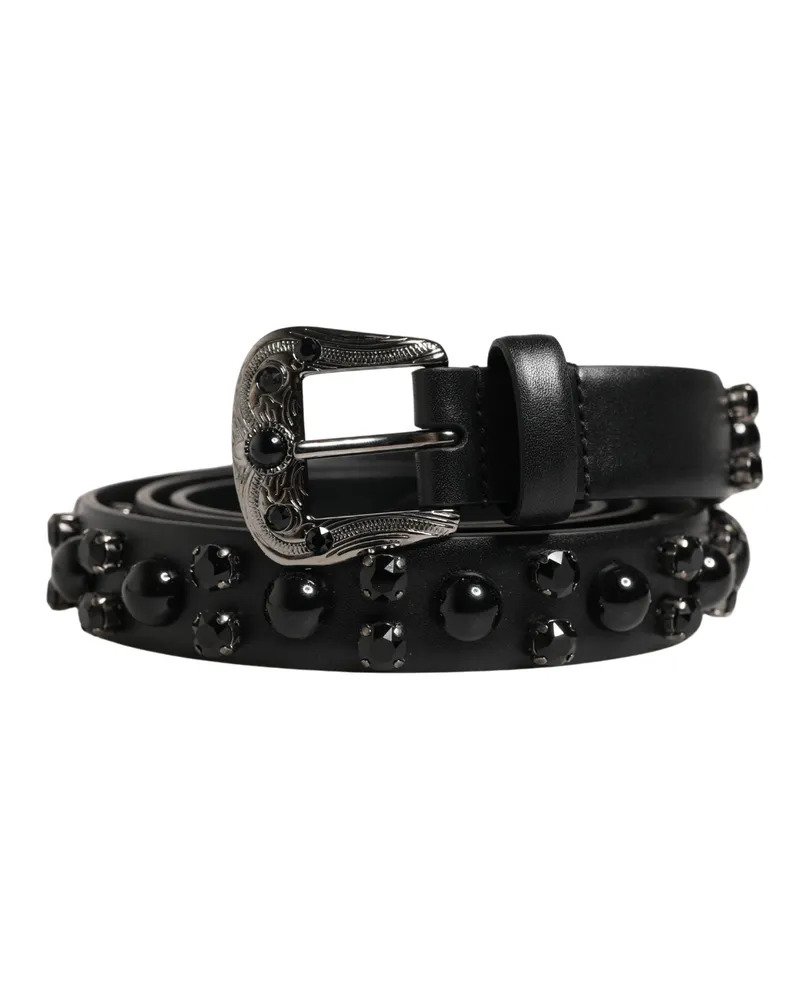 Dolce & Gabbana Men Black Calf Embellished Metal Buckle Belt Leather Black