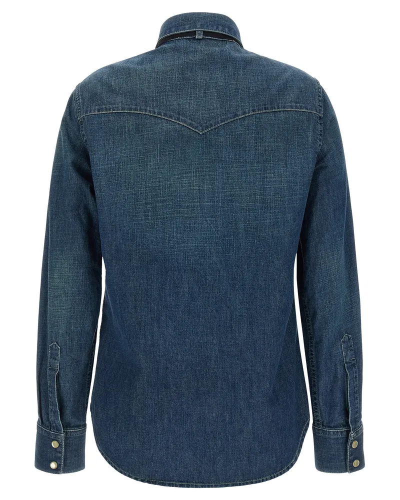 Valentino Garavani Polka Dot Ribbon-Trimmed Denim Shirt — Blue Blue
