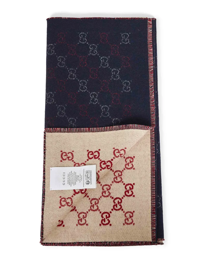 Gucci Men's Navy Blue Gg Jacquard Wool Scarf Scarfs Navy