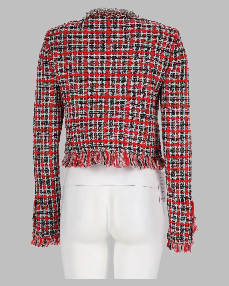 Self-Portrait Fringed Checked Tweed Jacket — Red Red