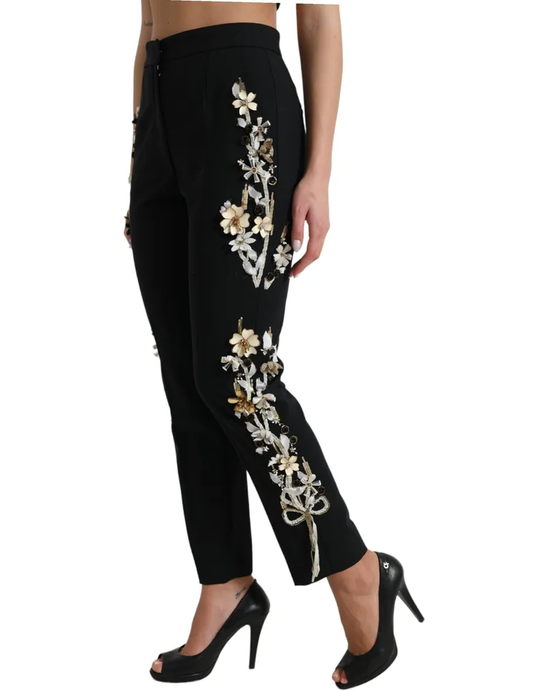 Dolce & Gabbana Women Black Floral Applique High Waist Tapered Pants Virgin Wool Elastane Black