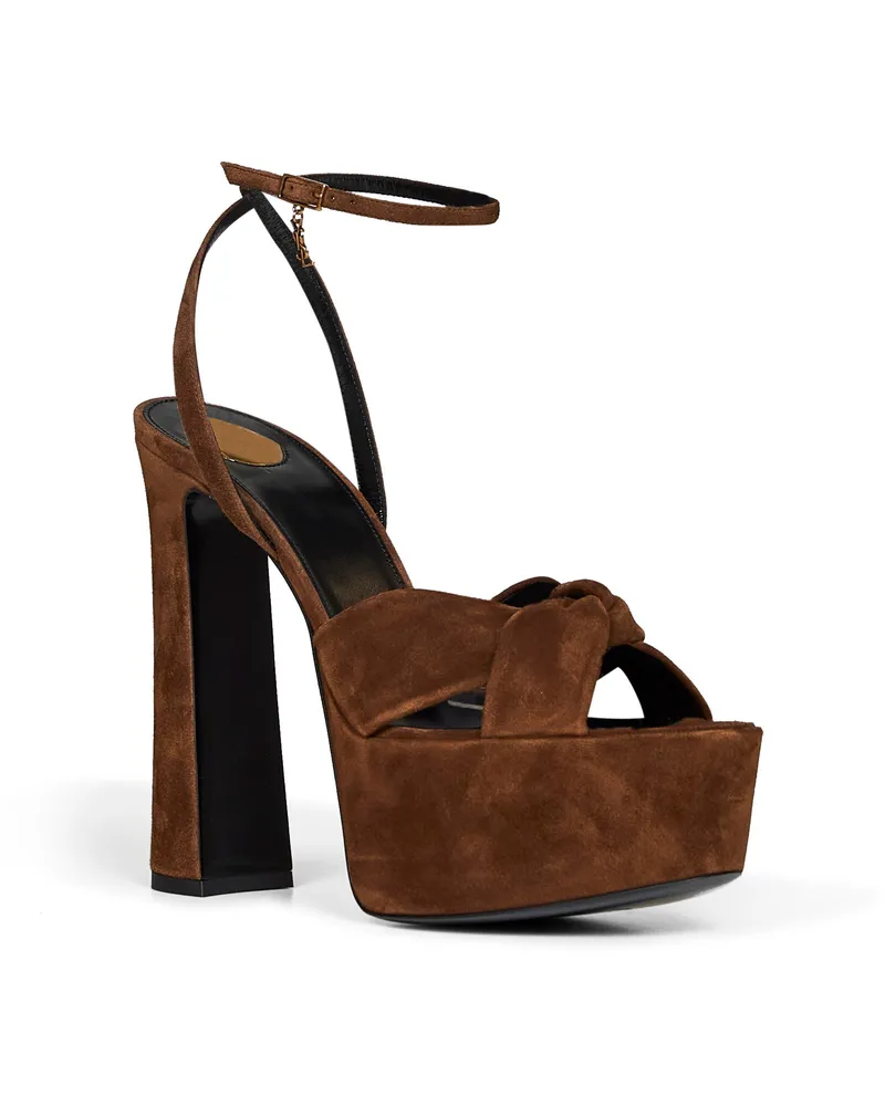 Saint Laurent Women's Platform Sandals Franciane Dark Havana Suede Brown Calf Leather Brown