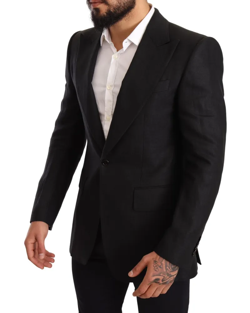 Dolce & Gabbana Men's Black Linen Slim Fit Coat Jacket Blazer Clothing Black