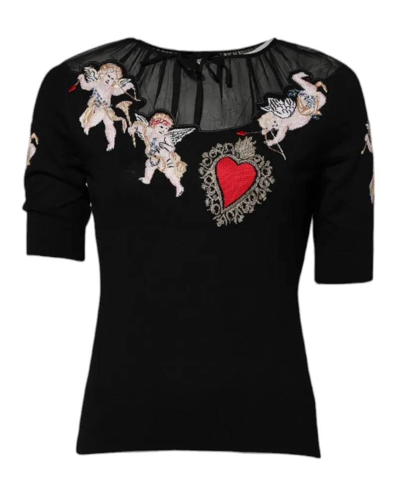 Dolce & Gabbana Women's Black Sacred Heart Embroidered Crewneck Top Virgin Wool Silk Black