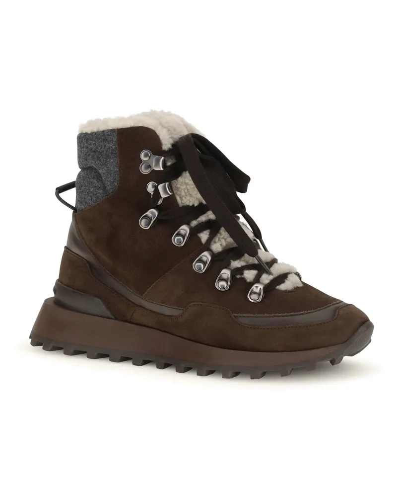 Brunello Cucinelli Suede Lace-Up Ankle Boot — Brown Brown