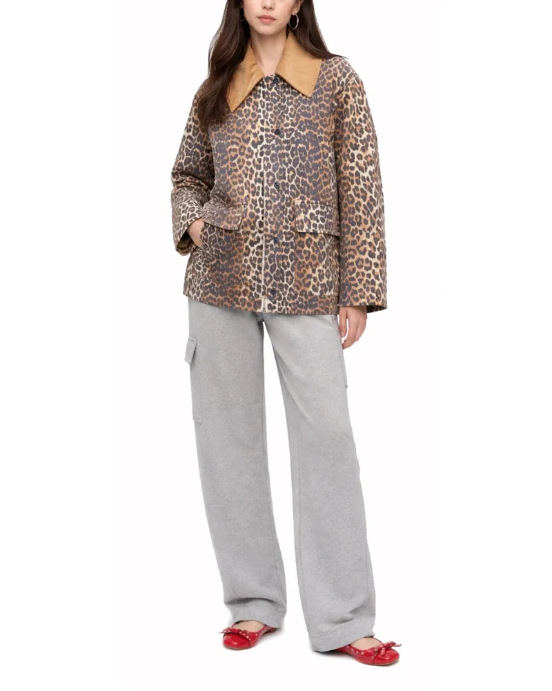 Ganni Leopard Print Hemp & Organic Cotton Jacket — Brown Brown