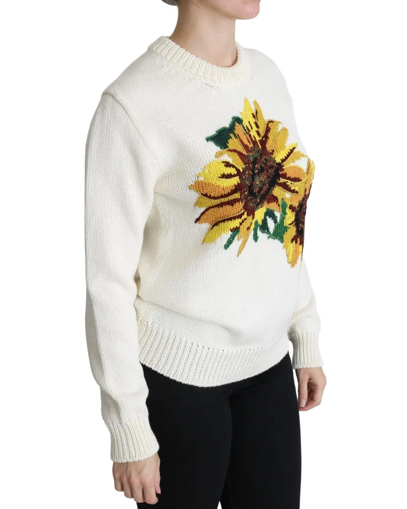 Dolce & Gabbana Women's White Floral Wool Pullover Sunflower Sweater Virgin Cashmere Clothing White