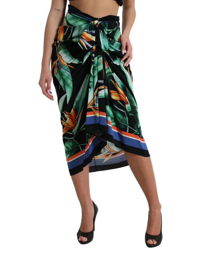 Dolce & Gabbana Women's Black Strelitzia High Waist Wrap Midi Skirt Silk Elastane Black