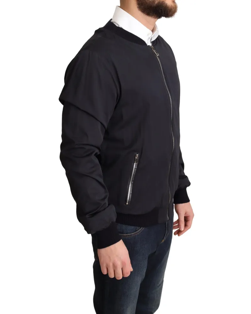 Dolce & Gabbana Blue Silk Coat Short Bomber Men Jacket Navy