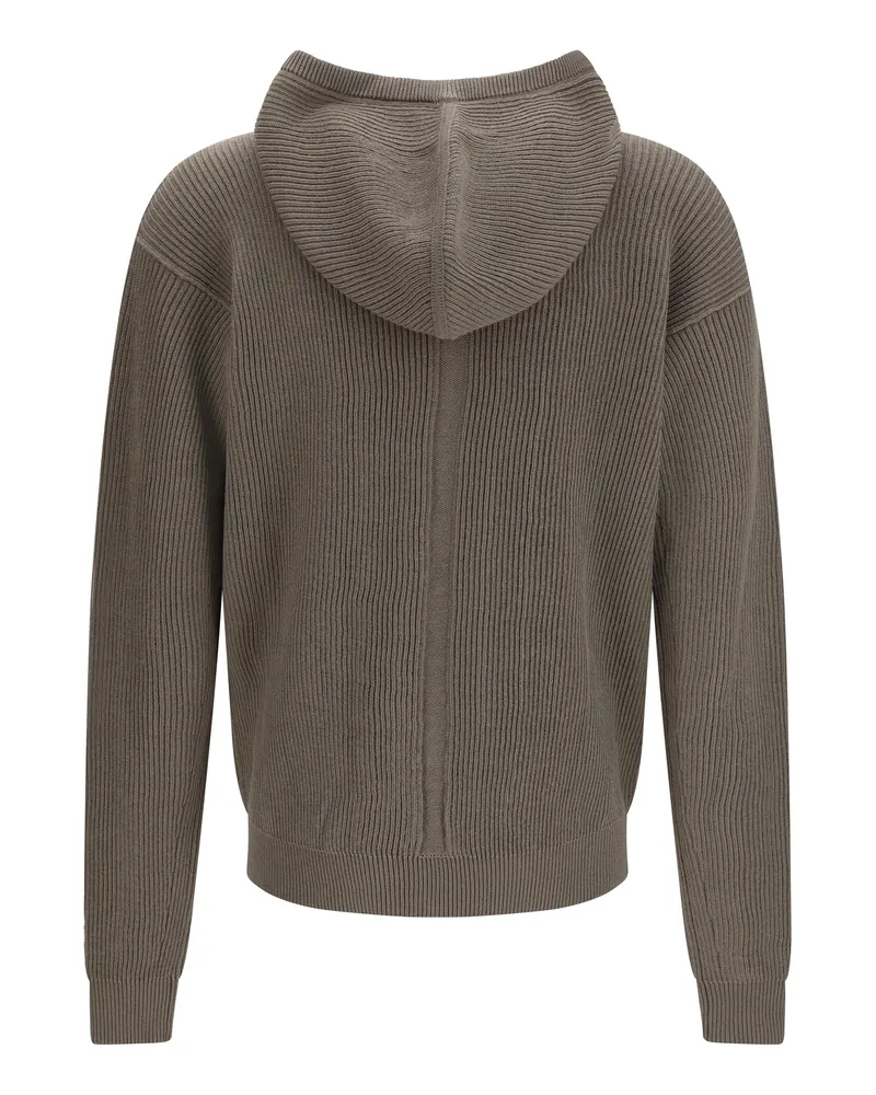 Rick Owens Men Ribbed Virgin Wool Knit Hoodie Dust Fleece Ovis Aries Knitwear Sweater Gray