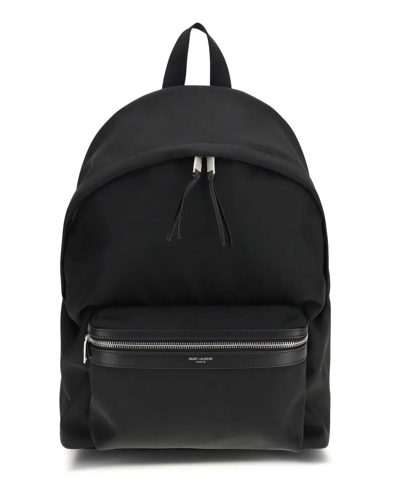 Saint Laurent Men's Backpack City Black Leather & Nylon Fabric Backpacks Black