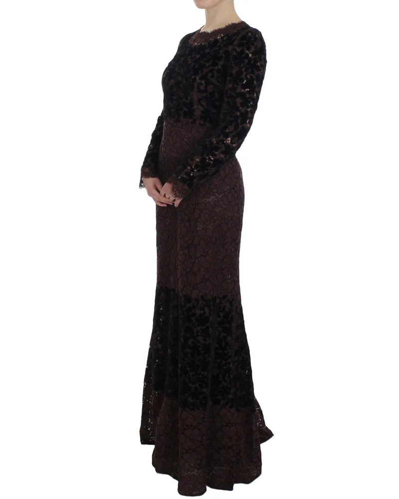 Dolce & Gabbana Women Purple Floral Lace Ricamo Maxi Dress Black Rayon Black