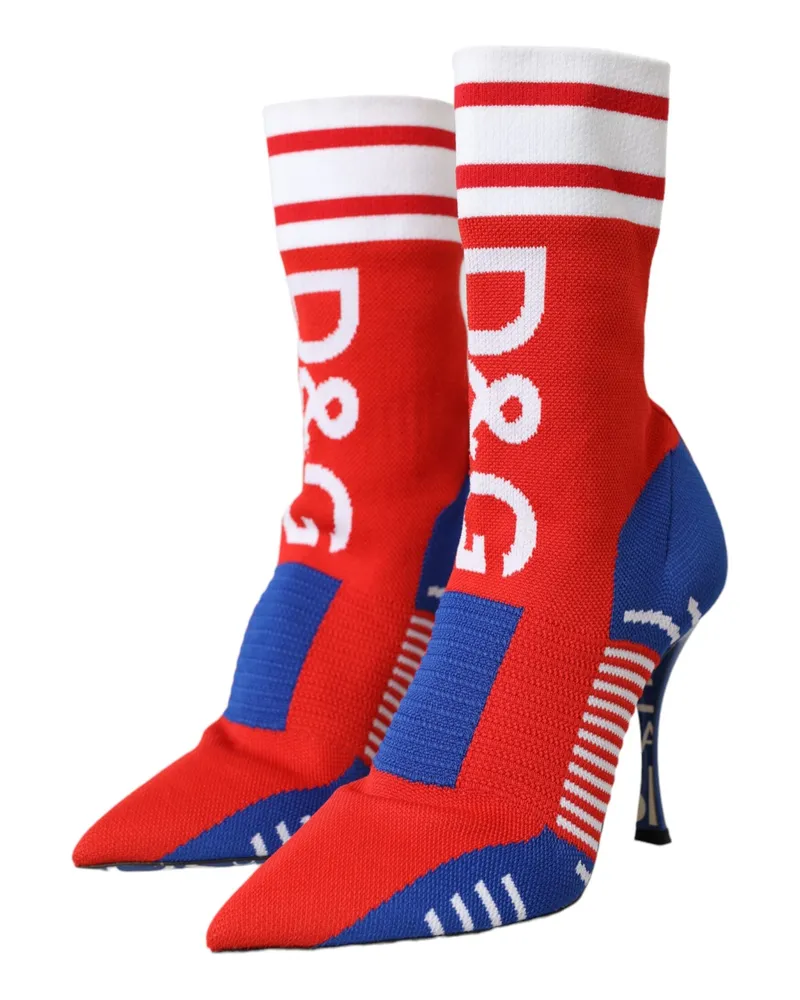 Dolce & Gabbana Women's Red Blue Stretch Sock Style Ankle Boots Logo Shoes Polyester Leather Red