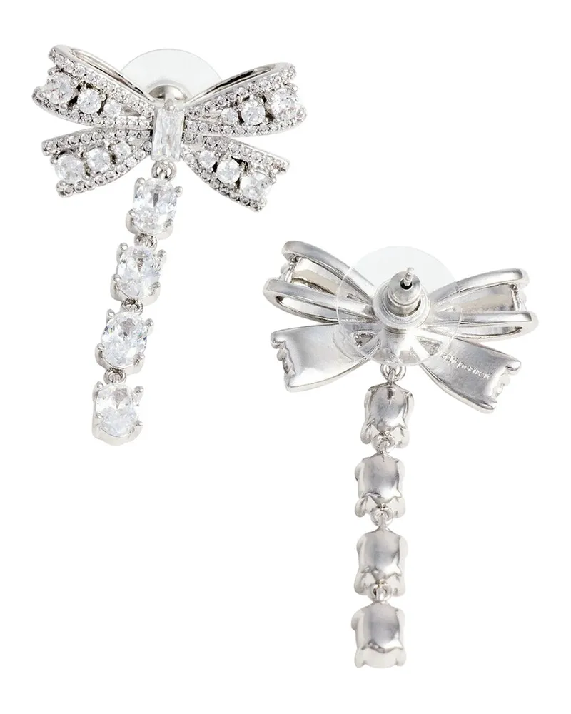 Self-Portrait Women's Drop Earrings With Bow And Crystals, Silver Metal Metallic Silver