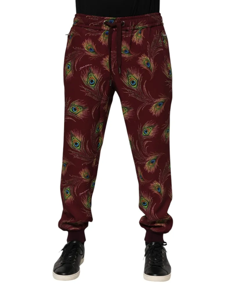 Dolce & Gabbana Men's Peacock Feather Print Joggers Burgundy Polyester Elastane Burgundy