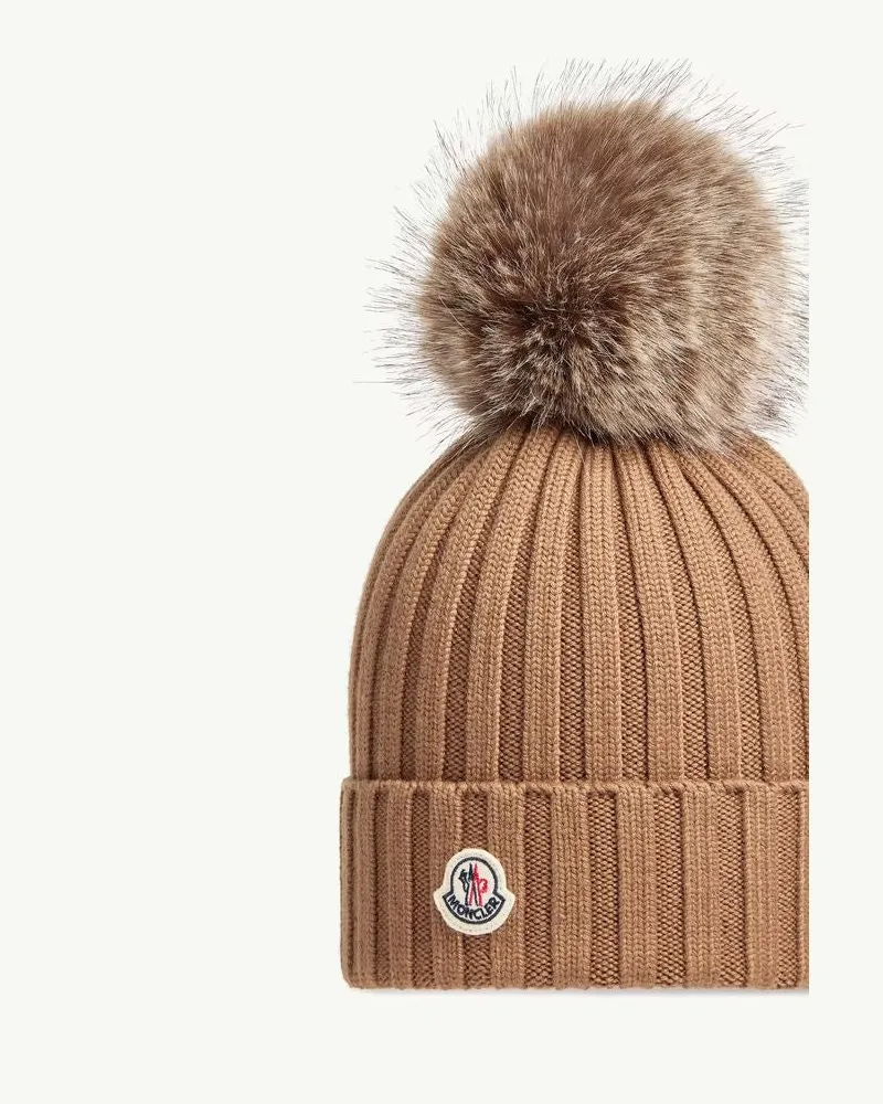 Moncler L20933B00039A9327238 Wool-Blend with Pompom Beanie — Camel Camel