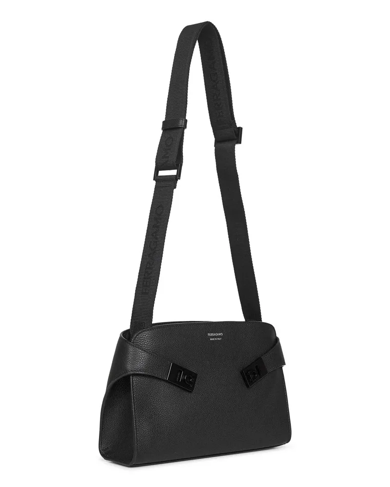 Ferragamo Men's Messenger Bag Hug Black Calf Leather Handbags Hand Black