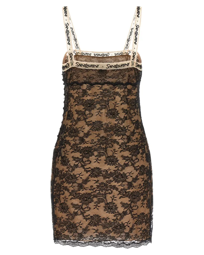 Saint Laurent Black Floral Lace Slip Dress — Black Black