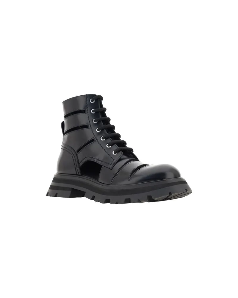 Alexander McQueen Women's Black Calf Leather Bos Taurus Lace-Up Boots Black