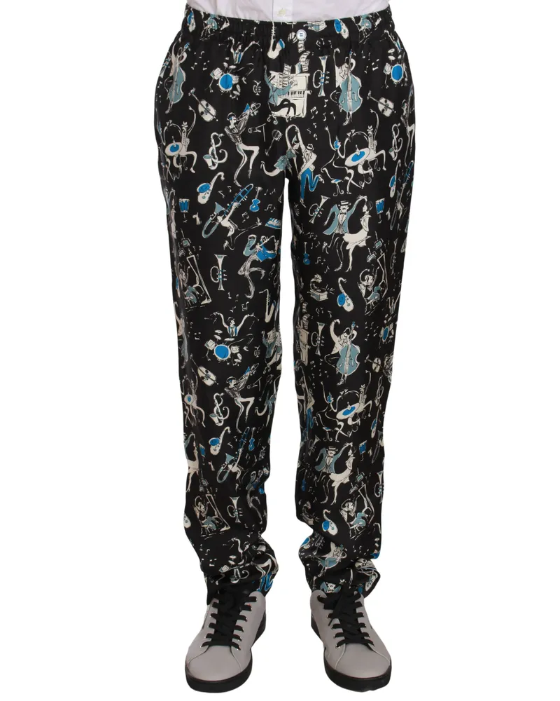 Dolce & Gabbana Men Black Musical Instrument Sleepwear Pants Silk Black