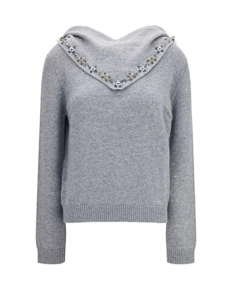Prada Crystal-Embellished Cashmere Sweater — Gray 