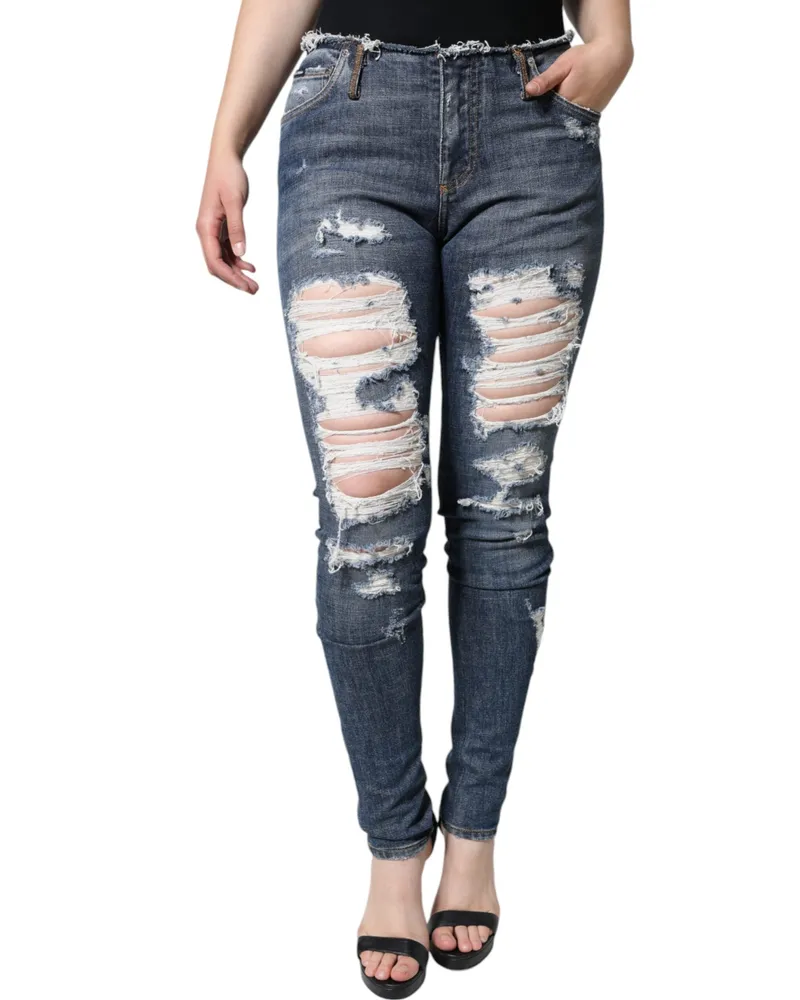 Dolce & Gabbana Women Blue Cotton Stretch Tattered Skinny Jeans White Elastane Clothing Blue
