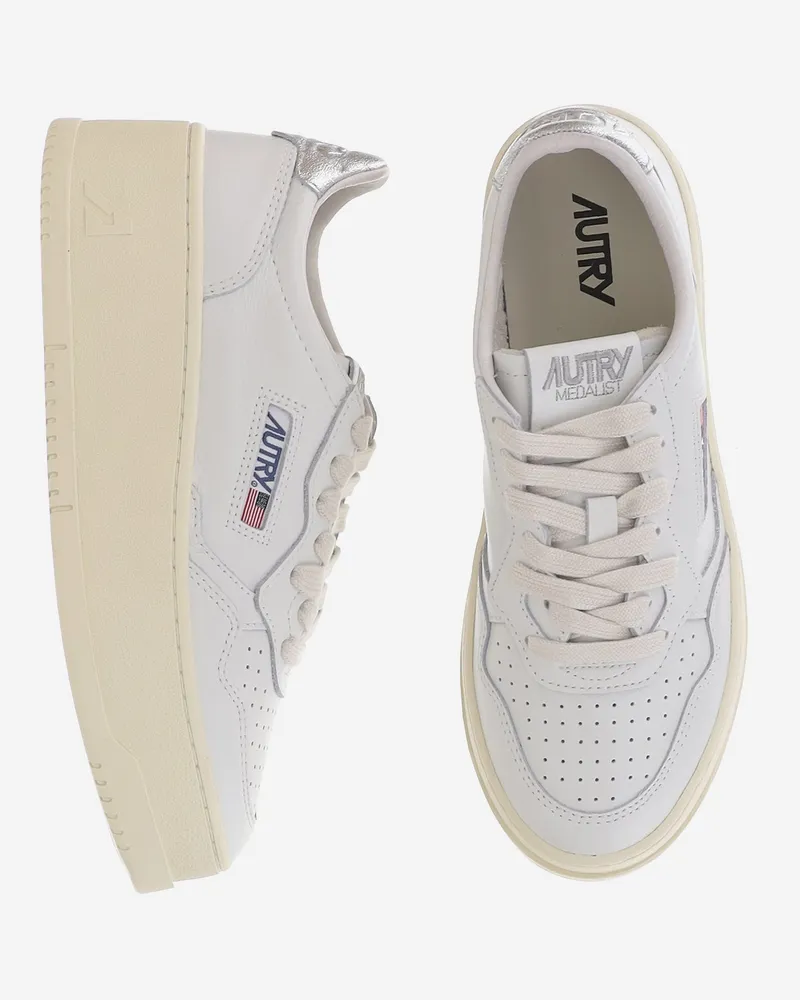 AUTRY Women's Sneakers Medalist Platform Leather Silver Cow Trainers White